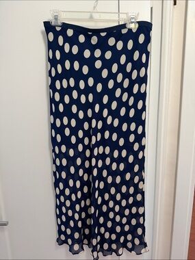 J. Crew Navy and White Polka Dot Maxi Skirt chiffon w half lining and back slit